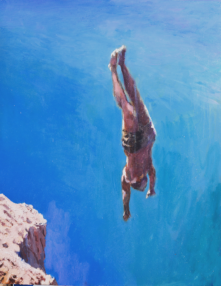 Painting of diving man with blue sea and rocks